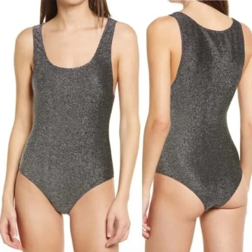 Reformation Saturn Women's Size Large Silver Metallic Stretch Knit Bodysuit NWT